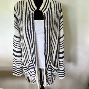 GAP Cotton Linen Navy Cream Stripe Oversized Kimono Open Cardigan